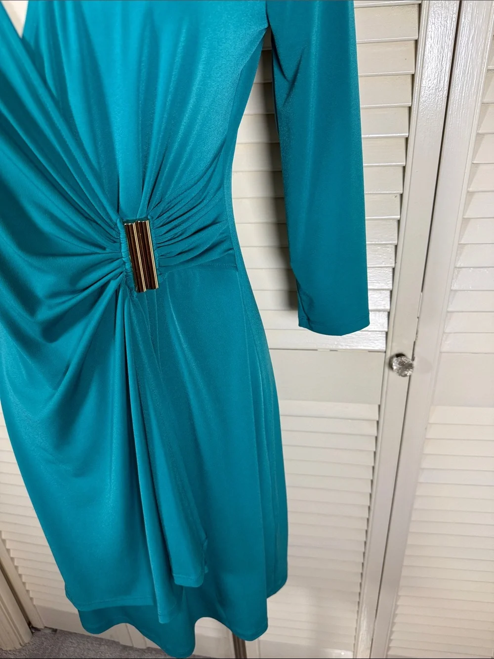 Calvin Klein Green Gold Bar Hardware Faux Wrap Dress Size Petite P Small